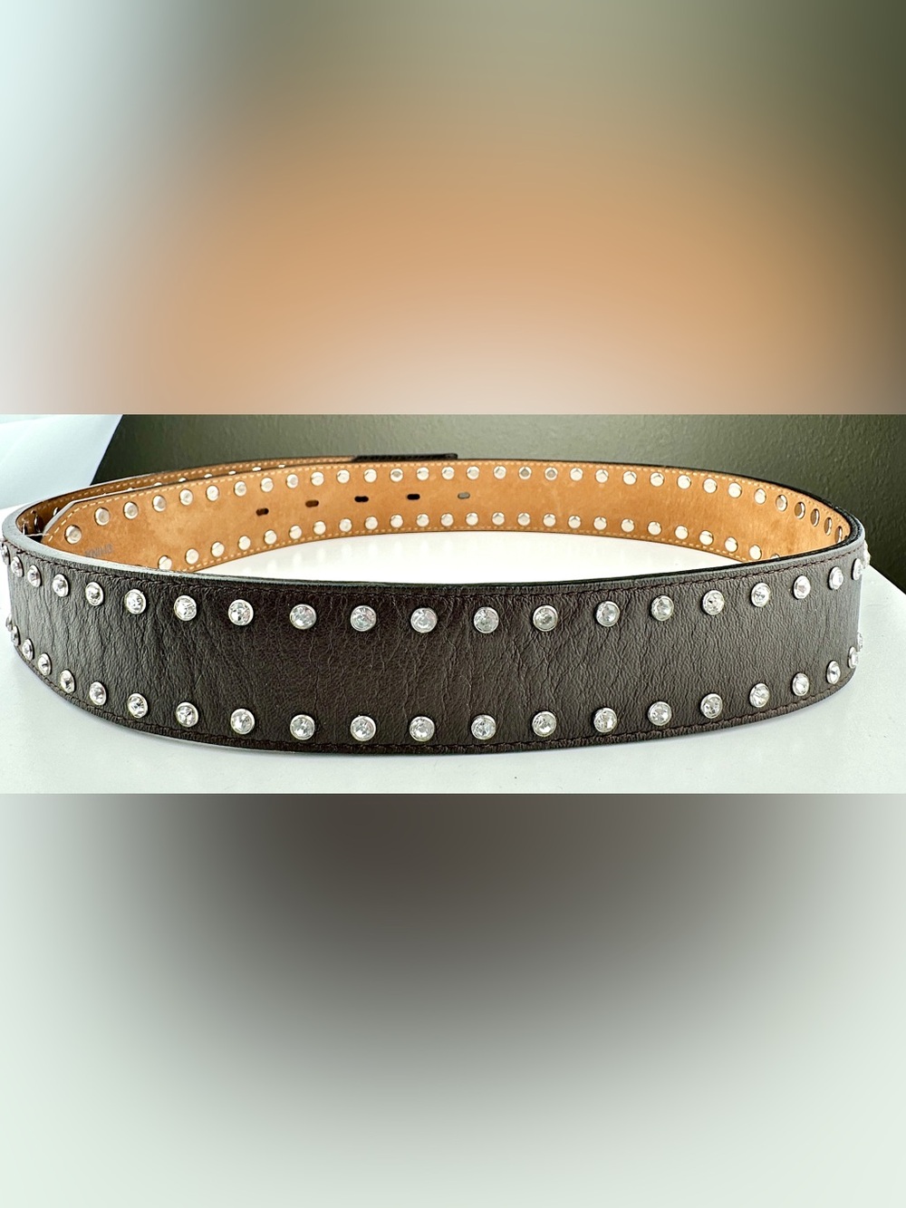 Tony Lama Brown Leather Rhinestone Western Belt Size 34 C50425 No Buckle